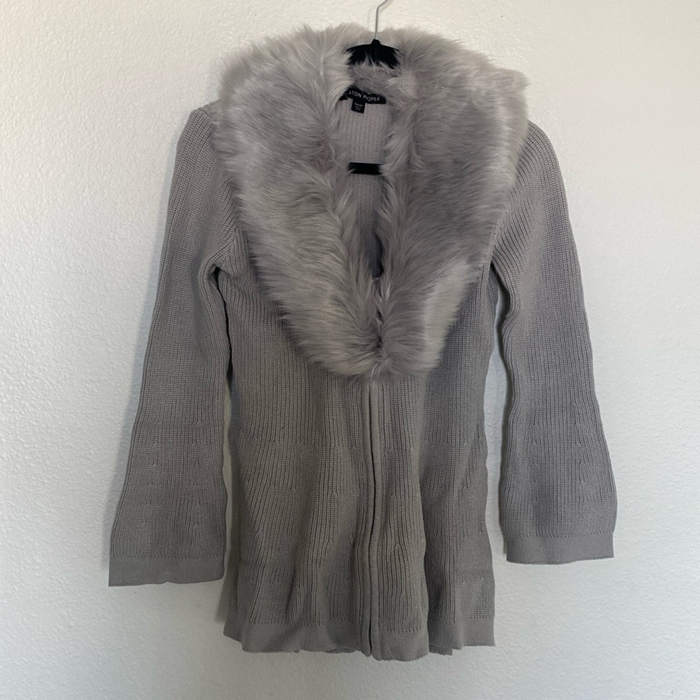 NEW Boston Proper Faux Fur Trim A Line Cardigan Dark Heathered Gray Medium